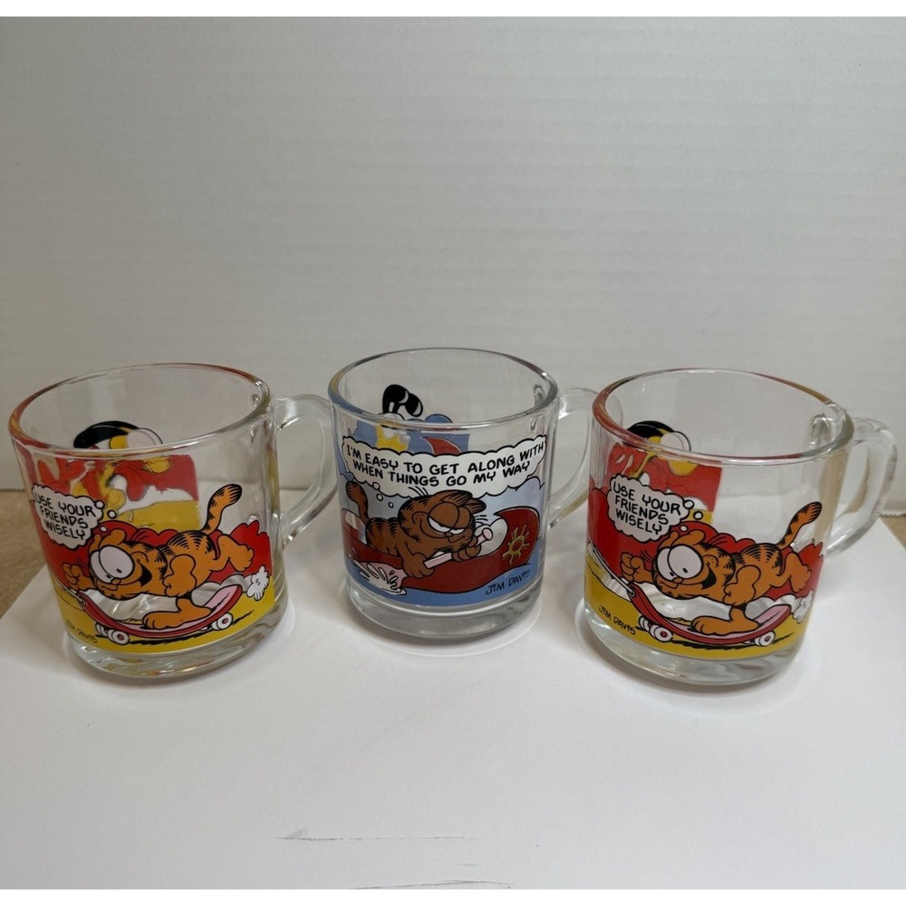 Vintage Garfield Mugs Coffee Cups Jim Davis Set Of 3 1978 McDonalds Clear Glass